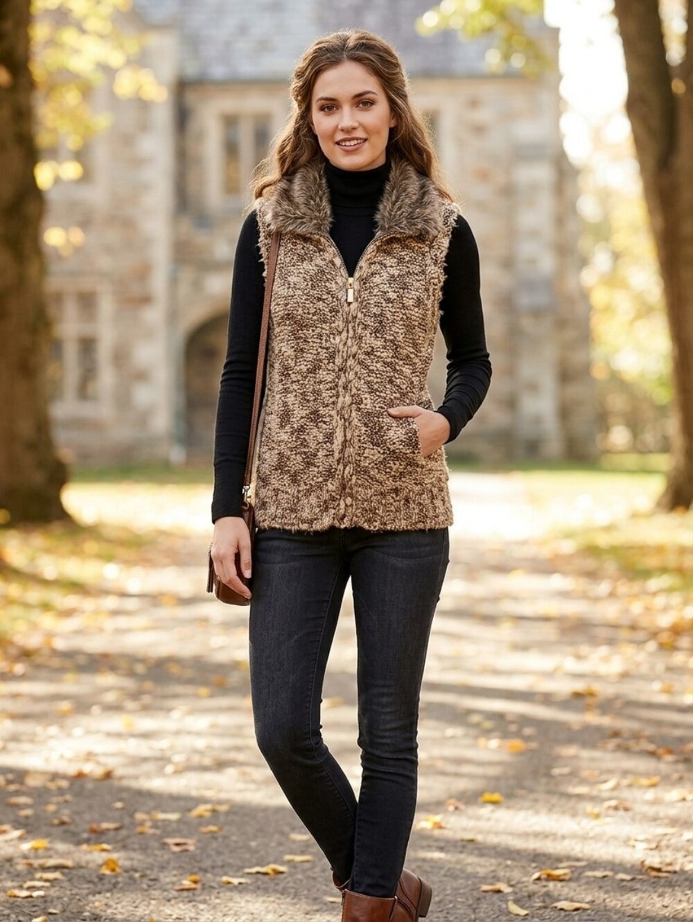 Charter Zipper Vest Faux Fur Collar Boho Brown Cream Metallic Wool Sleeveless